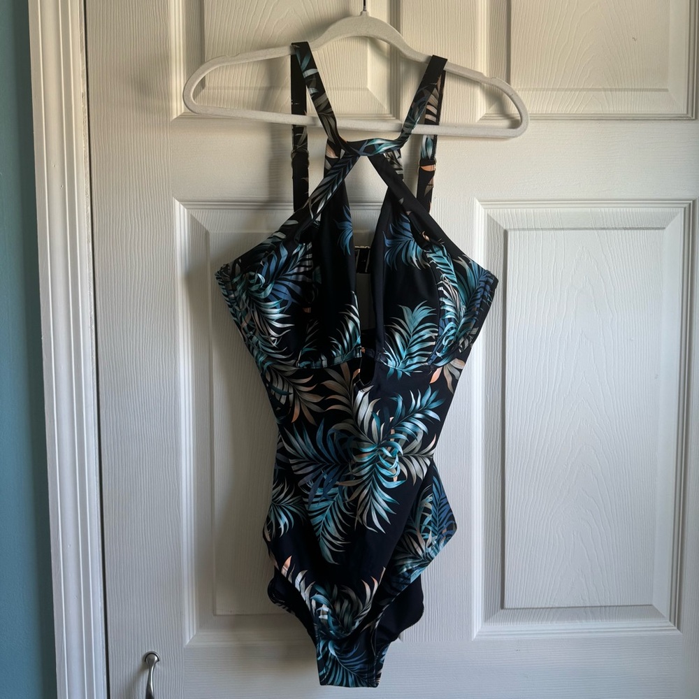 City Chic Black and Blue Leaf Print Swimsuit